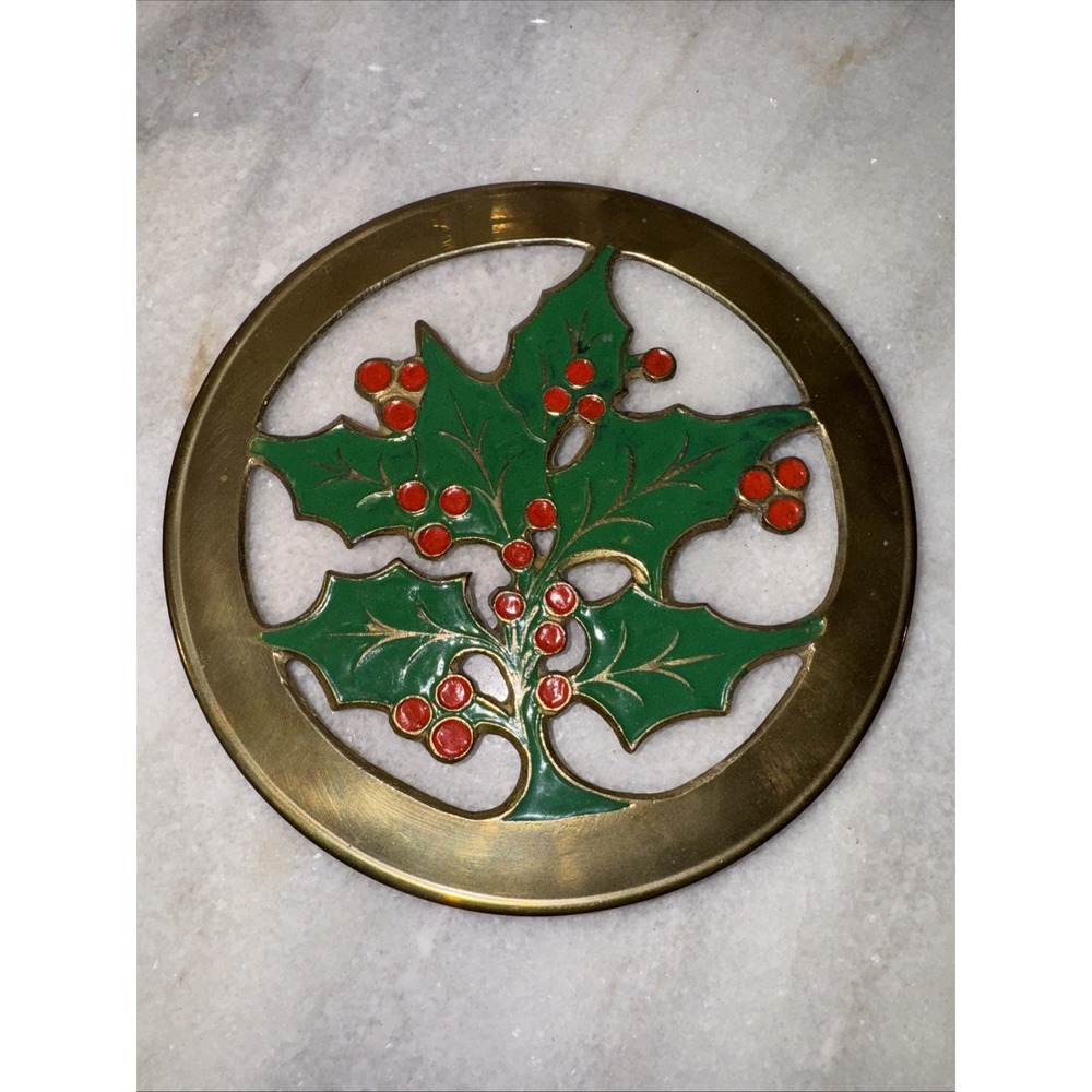 Vintage‎ Brass Holly Christmas Trivet